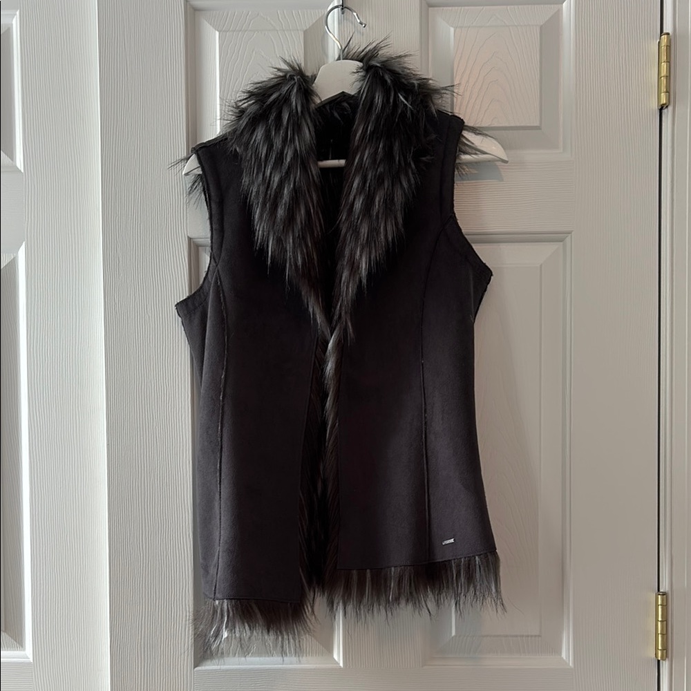 DKNY Black Vest with Faux Fur Trim